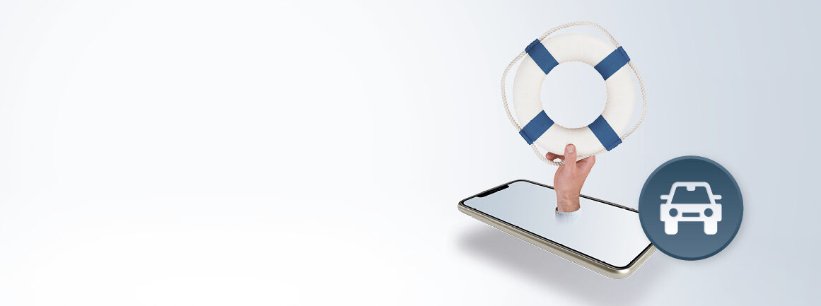 Auf einem Smartphone mit hellem Hintergrund ist eine Hand zu sehen, die aus dem Bildschirm ragt und einen Rettungsring hält. Auf der rechten Seite des Bildes ist ein Autosymbol eingeblendet.