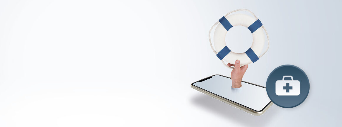 Auf dem Smartphone-Bildschirm erscheint eine Hand, die einen weiß-blauen Rettungsring hält. In der unteren rechten Ecke befindet sich das Symbol einer medizinischen Aktentasche mit einem Kreuz. Der Hintergrund ist hellgrau.
