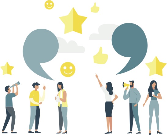 Illustration von sechs Personen mit großen Anführungszeichen darüber, umgeben von Sternen, Daumen hoch und Smiley-Symbolen. Eine Person hält ein Megafon, eine andere eine Kamera. Die Szene suggeriert Kommunikation und positives Feedback.