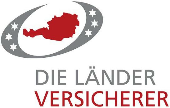 Das Logo zeigt die rote Silhouette Österreichs in einem grauen Oval mit Sternen. Darunter steht in Grau und Rot der Text „DIE LÄNDER VERSICHERER“.