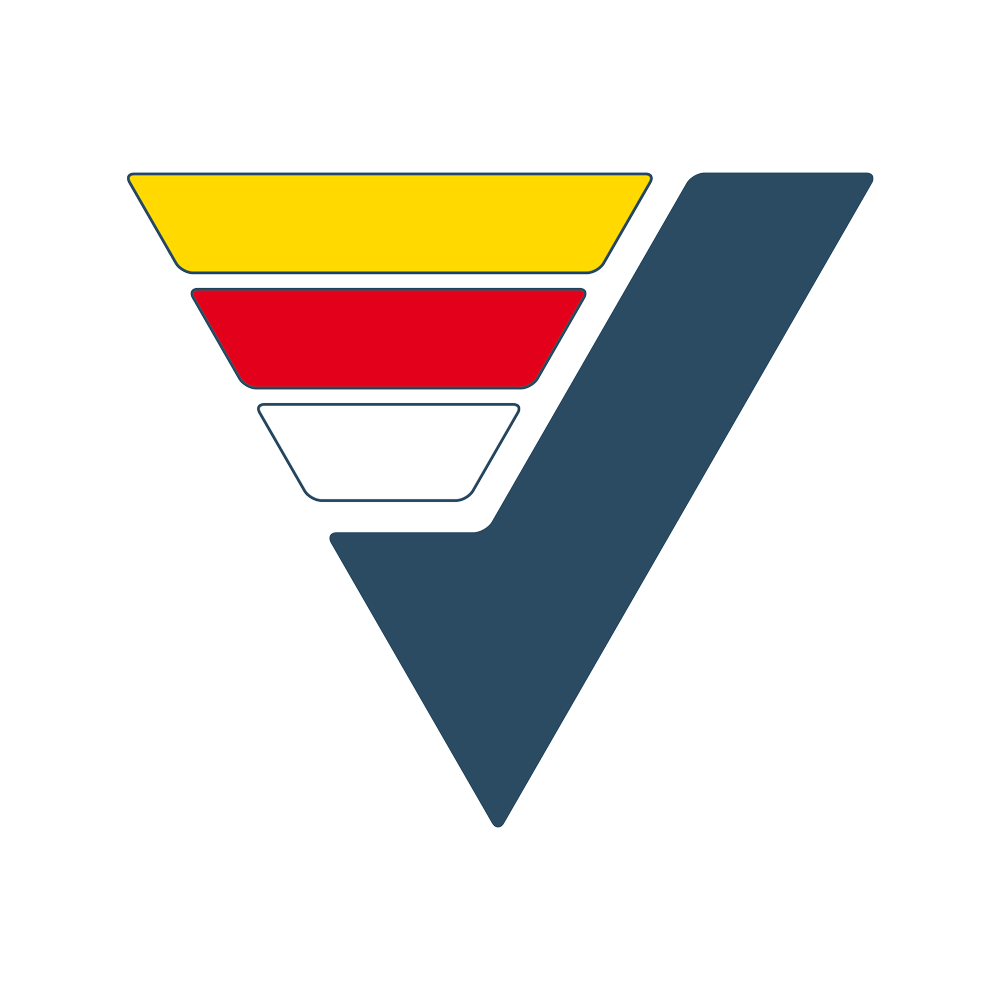 Drei übereinanderliegende Dreiecke bilden ein stilisiertes „V“ mit den Farben Gelb, Rot, Weiß und Dunkelblau auf weißem Hintergrund. Jedes Dreieck verkleinert sich und passt über die blaue Form, sodass ein geometrisches Design entsteht.