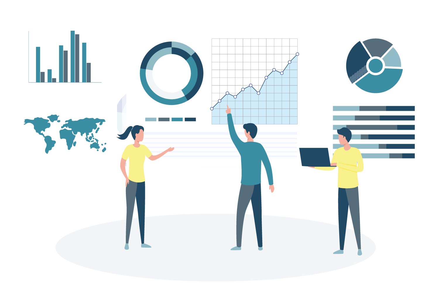 Drei Personen diskutieren über Datenanalyse. Eine Person zeigt auf ein Diagramm, eine andere hält einen Laptop. Im Hintergrund sind verschiedene Diagramme, darunter Balken-, Kreis- und Liniendiagramme, sowie eine Weltkarte zu sehen. Die Atmosphäre ist informell und illustrativ.