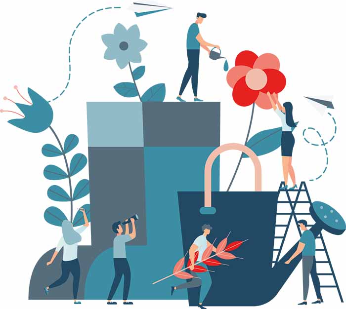 Illustration von Menschen, die verschiedenen Aktivitäten rund um übergroße Gartengeräte und Pflanzen nachgehen. Einige gießen eine große Blume, andere halten Blätter, während im Hintergrund Papierflieger fliegen. Eine Leiter lehnt an der Blume.