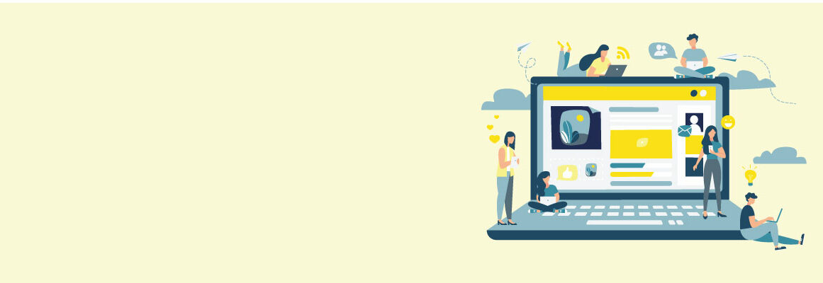 Abbildung eines riesigen Laptops mit einer geöffneten Webseite, umgeben von kleinen Menschen, die damit interagieren, darunter Kinder, ein lesender Erwachsener und andere, die an Laptops arbeiten. Glühbirnen und Wolken schweben herum und symbolisieren Ideen und Verbundenheit.