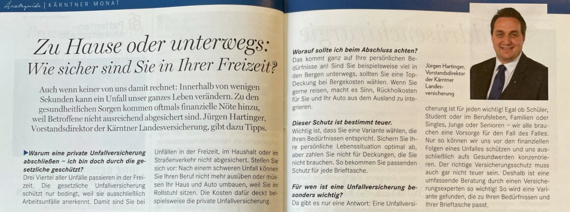 Ein Zeitschriftenartikel mit dem Titel „Zu Hause oder unterwegs: Wie sicher sind Sie in Ihrer Freizeit?“ Enthält Text und ein Bild eines Mannes im Anzug. Der Artikel geht auf Sicherheitsvorkehrungen und Versicherungsmöglichkeiten bei Unfällen in der Freizeit ein.