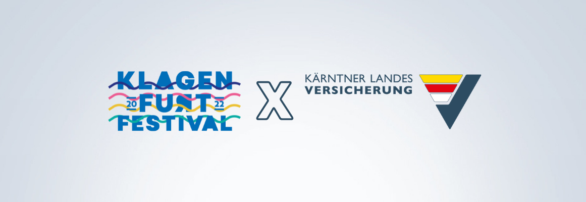 Das Logo des Klagenfurt Festivals 2022 (links) mit bunten Wellen und das Logo der Kärntner Landesversicherung (rechts) mit einem stilisierten „V“ in Blau, Rot und Gelb. Beide Logos stehen auf hellgrauem Hintergrund mit einem „X“ dazwischen.