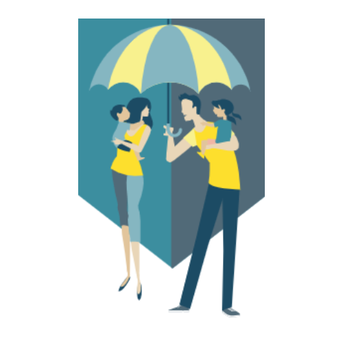 Illustration einer Familie unter einem großen Regenschirm. Die Mutter hält ein Baby, während der Vater, der ein gelbes Hemd trägt, zu ihnen blickt. Ein Kind steht neben dem Vater. Die Farben sind überwiegend Blau, Gelb und Grau.