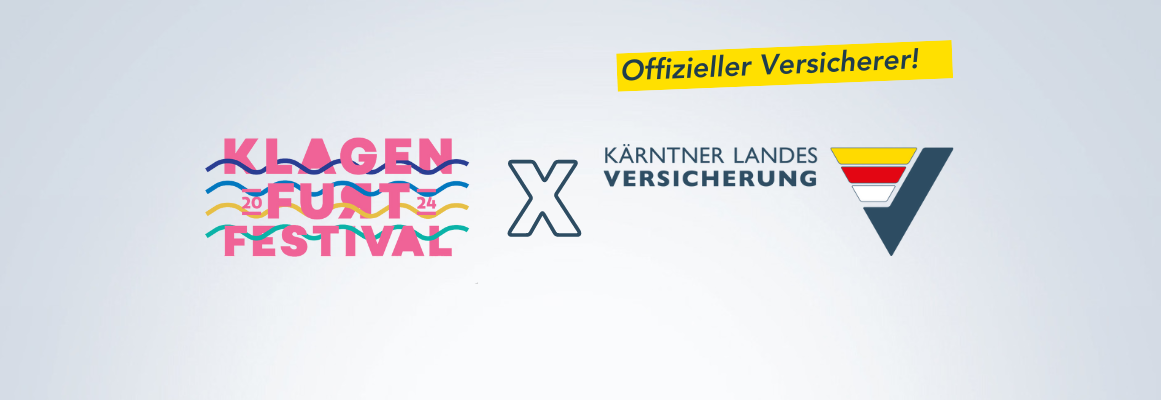 Logo für die Klagenfurt Festspiele 2024 mit Wellenlinien und buntem Text, daneben das Logo der Kärntner Landesversicherung im roten, blauen und gelben Dreiecksdesign. Auf einem gelben Banner steht „Offizieller Versicherer!“.