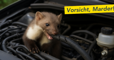 Ein Marder nagt an einem Schlauch im Motorraum eines Autos. Oben rechts steht in gelber Schrift „Vorsicht, Marder!“.