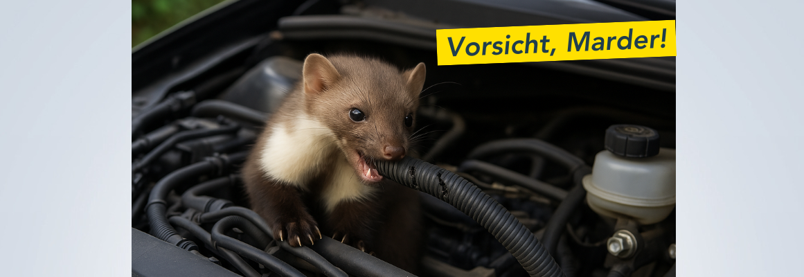 Ein Marder nagt an einem Schlauch im Motorraum eines Autos. Oben rechts steht in gelber Schrift „Vorsicht, Marder!“.