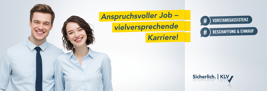 Ein junger Mann und eine junge Frau, beide im Business-Outfit, dazu die Headline: "Anspruchsvoller Job - vielversprechende Karriere!" Daneben steht noch: #Vorstandsassistenz sowie #Beschaffung & Einkauf